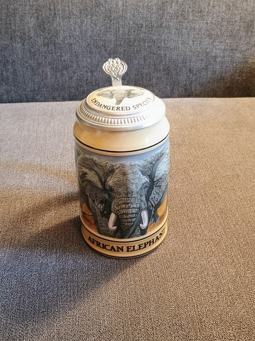 Budweiser Ceramic Stein with Elephant Motif in Cream & Gray